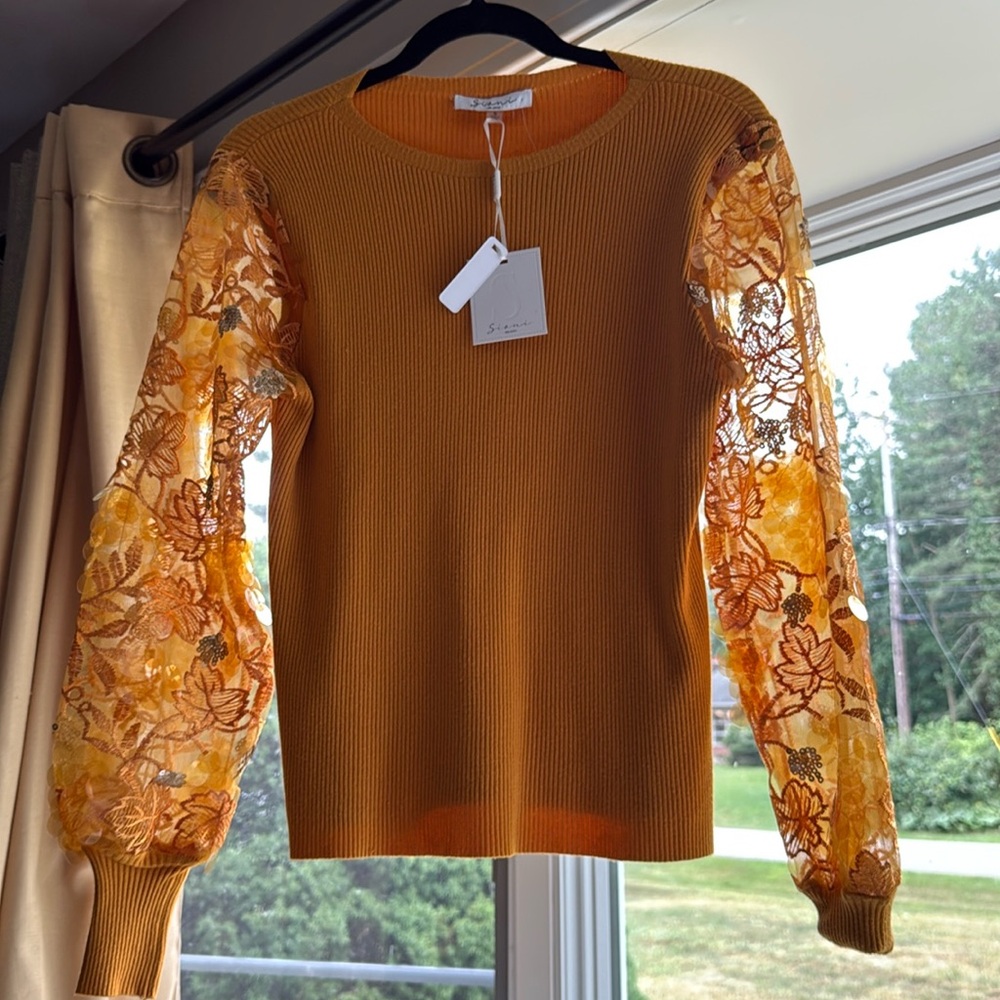 Sioni Milano Knit Fall Sweater Bling Leaf Sheer Sleeves - brass - small